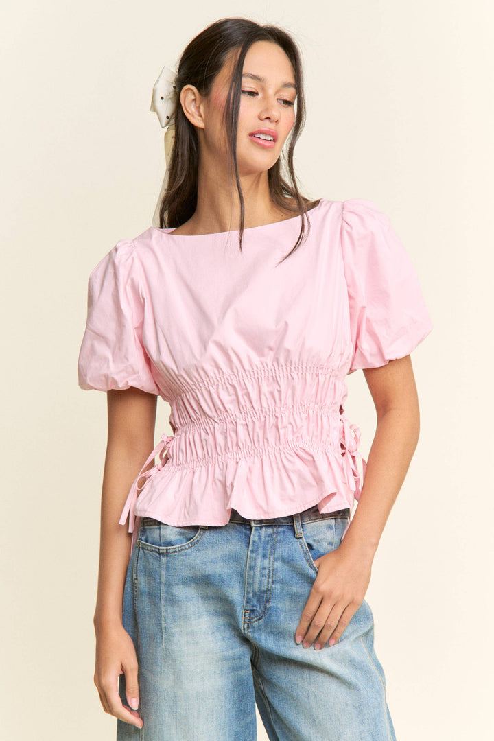 Boat Neckline Smocked Puff Sleeves Top: