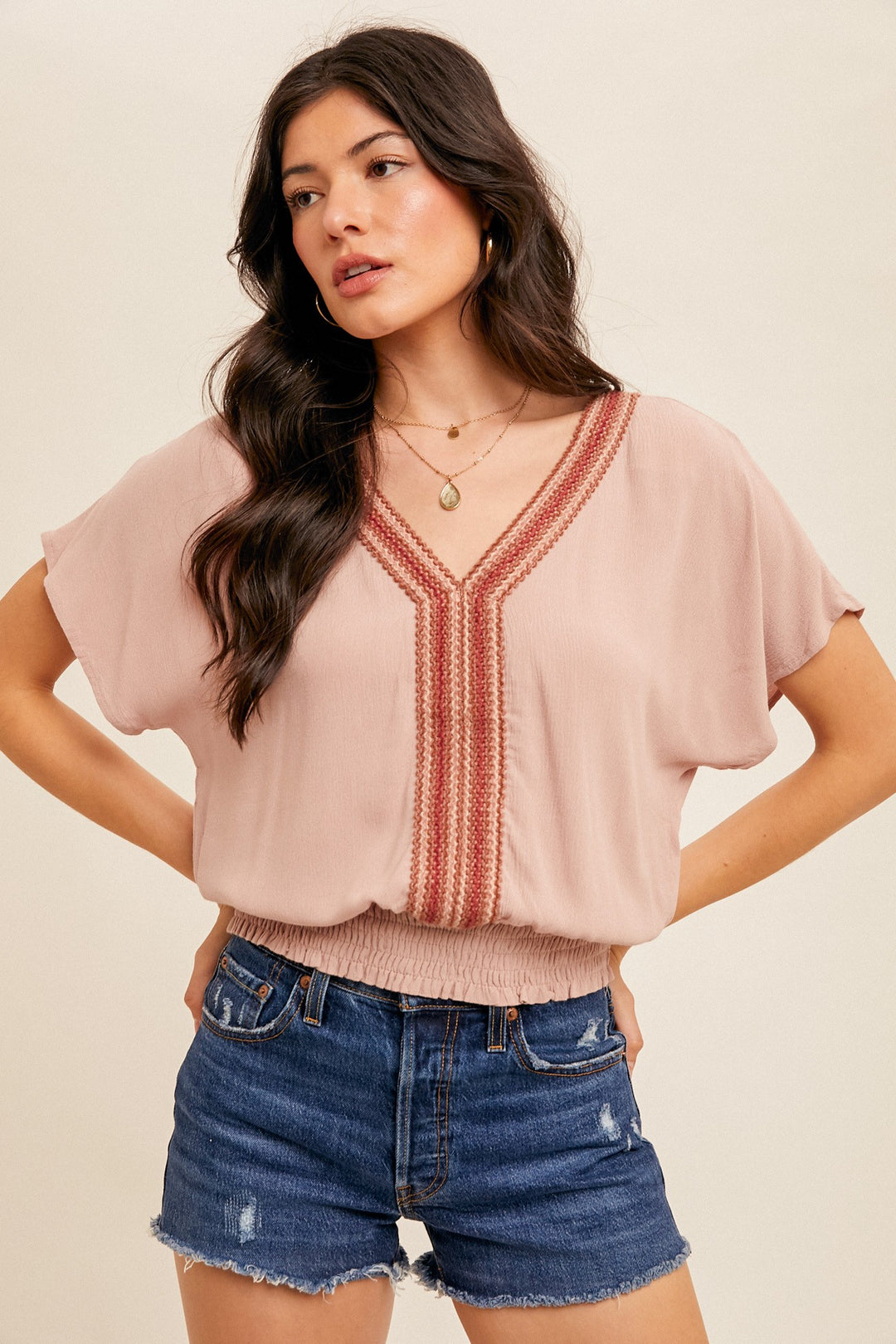KIMONO SLEEVE V NECK BUBBLE TOP