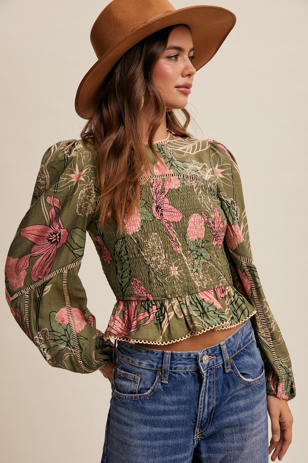 Floral Print Smocked Puff Sleeve Blouse