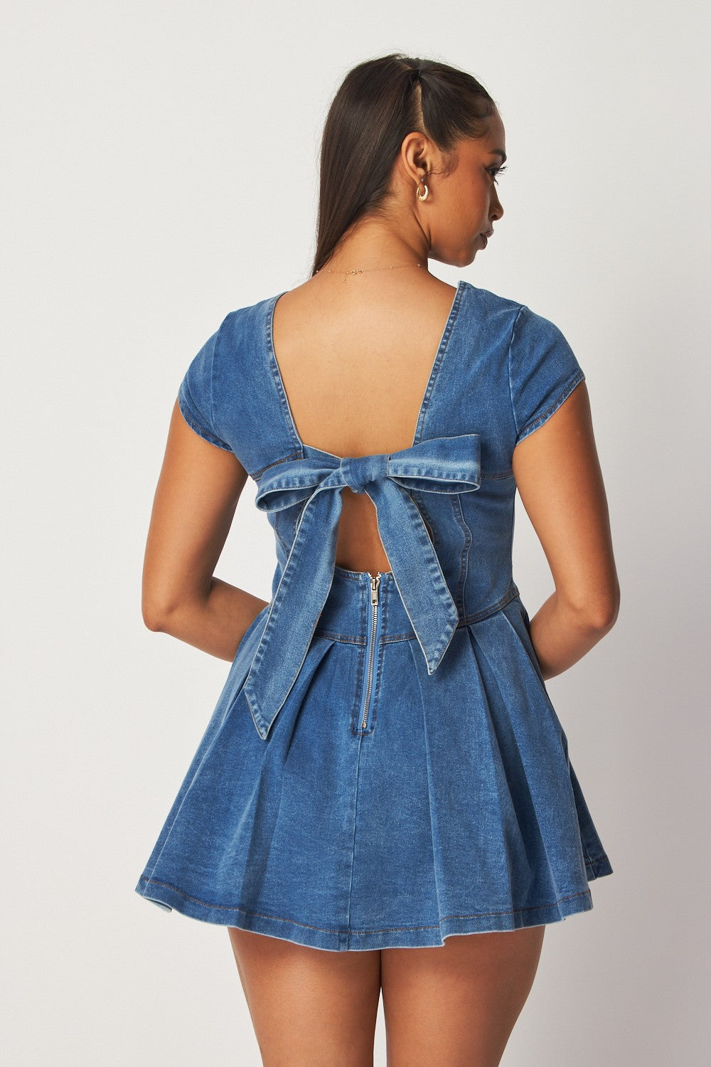 Jenny Pleated Bow Back Detail Mini Denim Dress