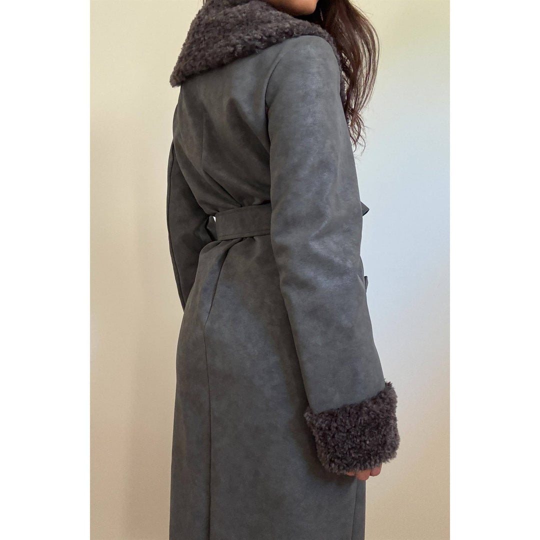 Faux Fur Trimmed Leather Coat