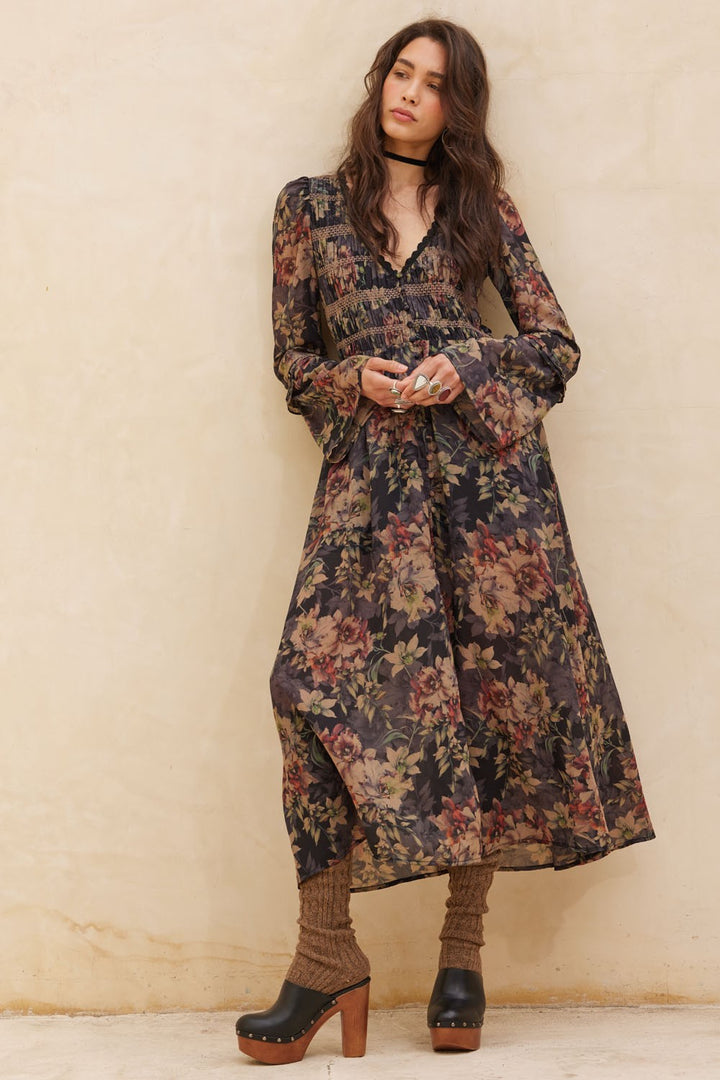 Floral Button-front Bell-sleeve Dress