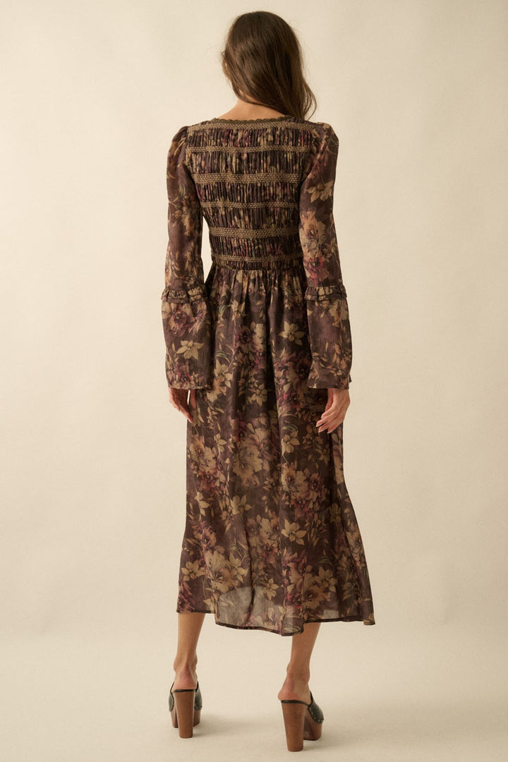 Floral Button-front Bell-sleeve Dress