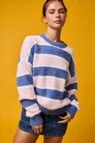 Loose Fit Striped Fuzzy Knit Sweater Top