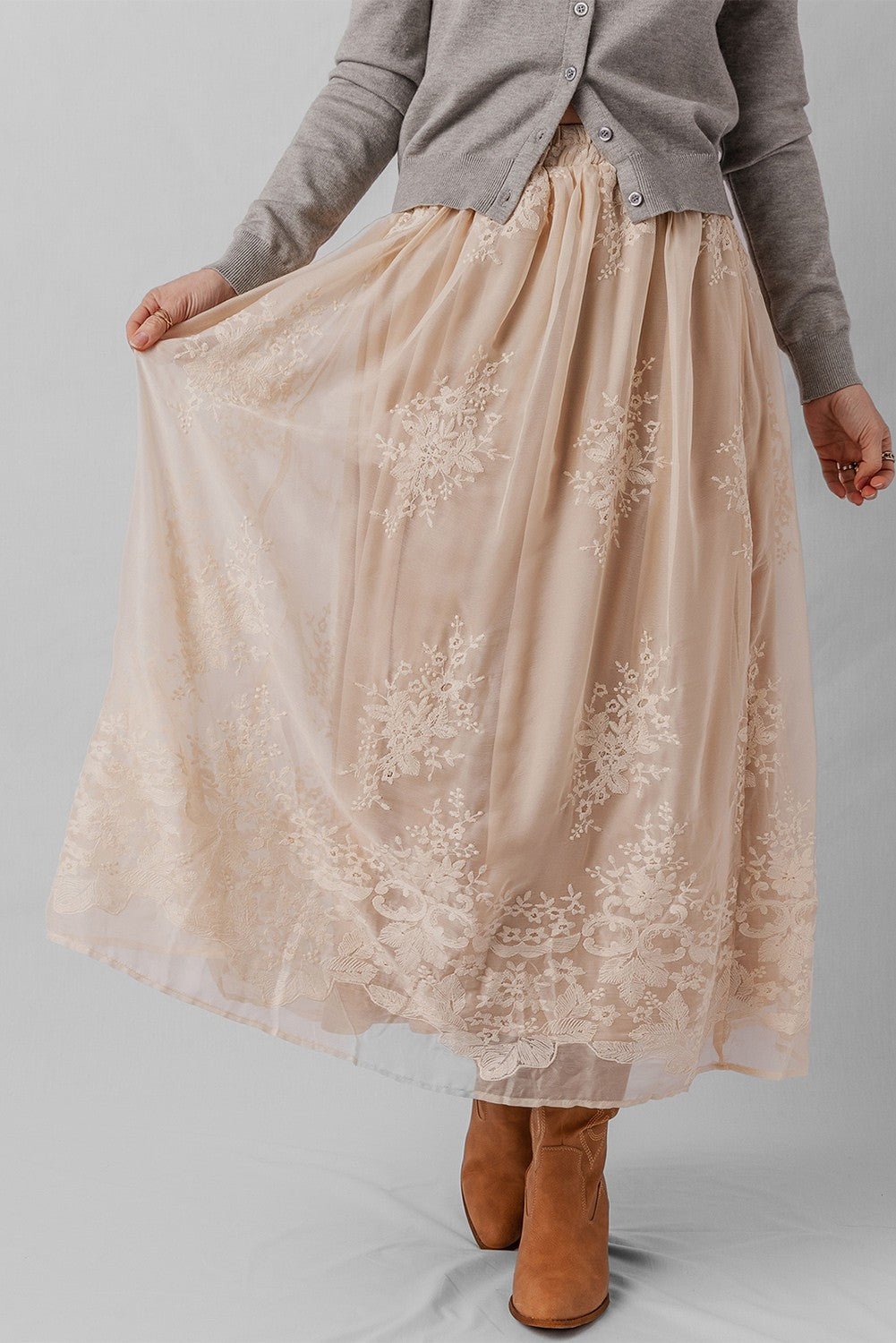 Embroidered Mesh Flowy Maxi Skirt