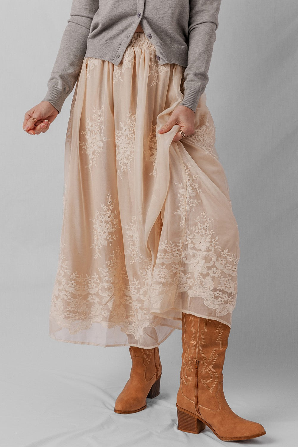Embroidered Mesh Flowy Maxi Skirt