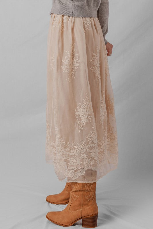 Embroidered Mesh Flowy Maxi Skirt
