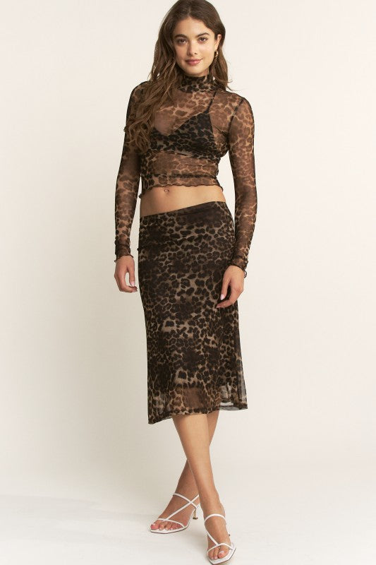 Leopard Print Stretch Mesh Midi Skirt