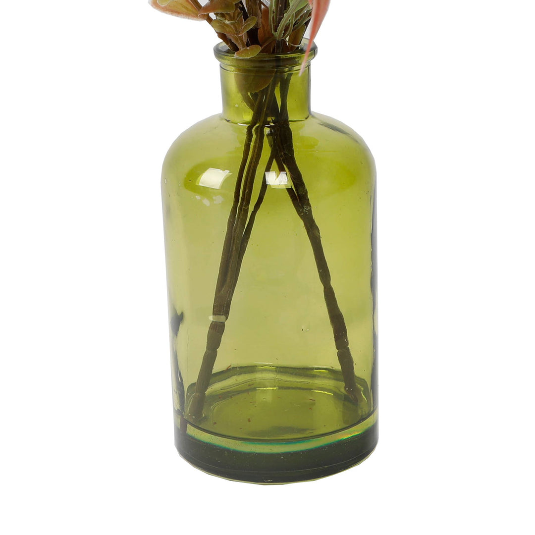 Faux Floral Arrangement in Green Glass Bottle