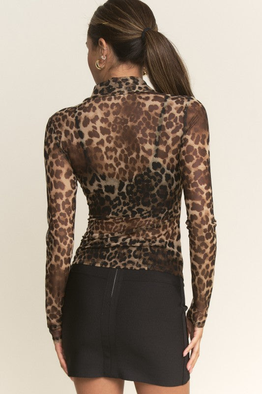 Leopard Print Mesh Button Up Blouse