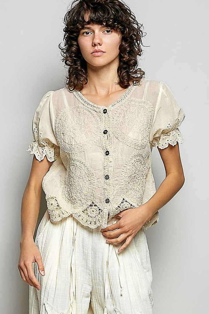 Round Neck Button Closure Crochet Top