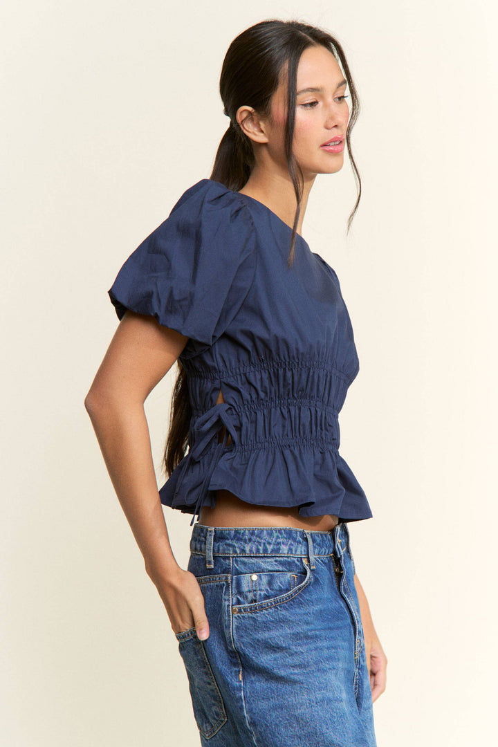 Boat Neckline Smocked Puff Sleeves Top: