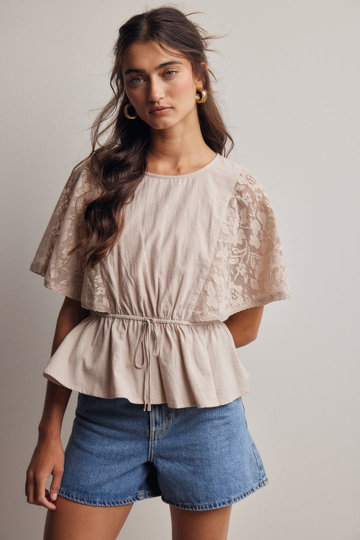 Lace Cape Sleeve Cotton Peplum Top