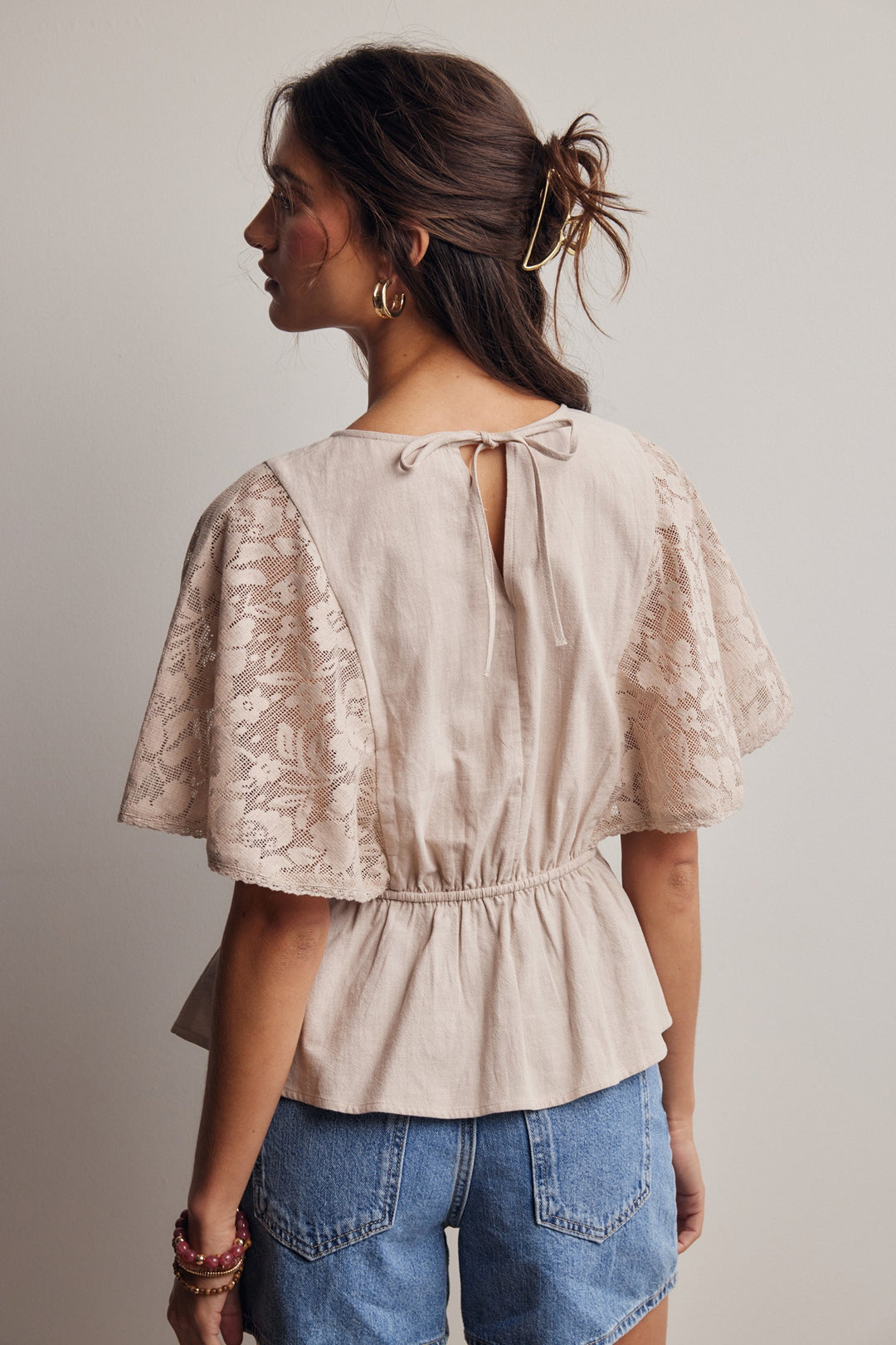 Lace Cape Sleeve Cotton Peplum Top