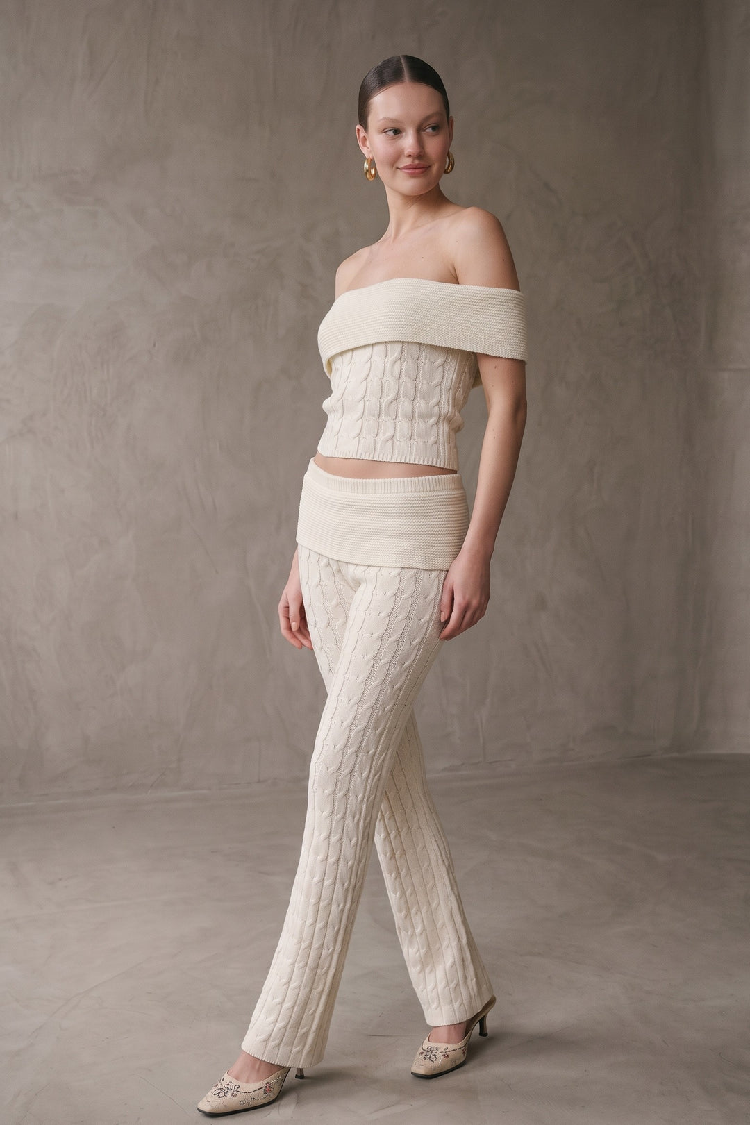 Knit Foldover Off Shoulder Top & Pants Set