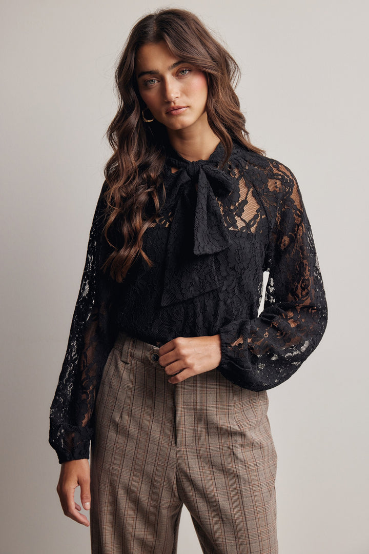 Sheer Lace Tie Neck Blouse