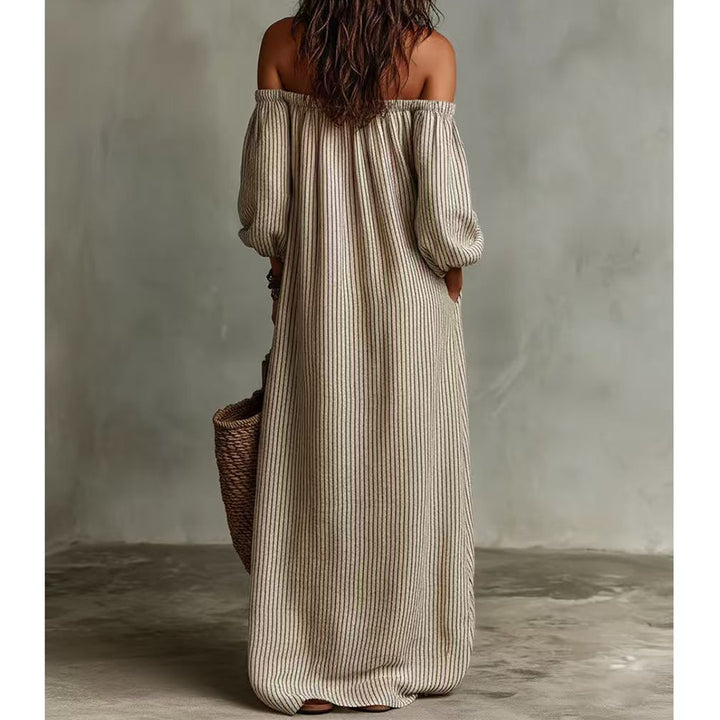 Off-shoulder Lantern Sleeve Striped Dress