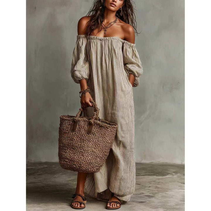Off-shoulder Lantern Sleeve Striped Dress