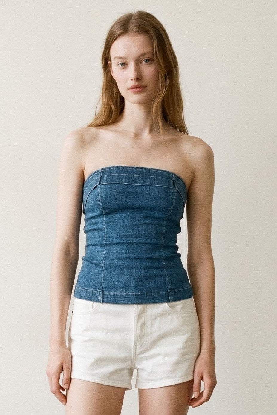 Strapless Lace-up Back Denim Top
