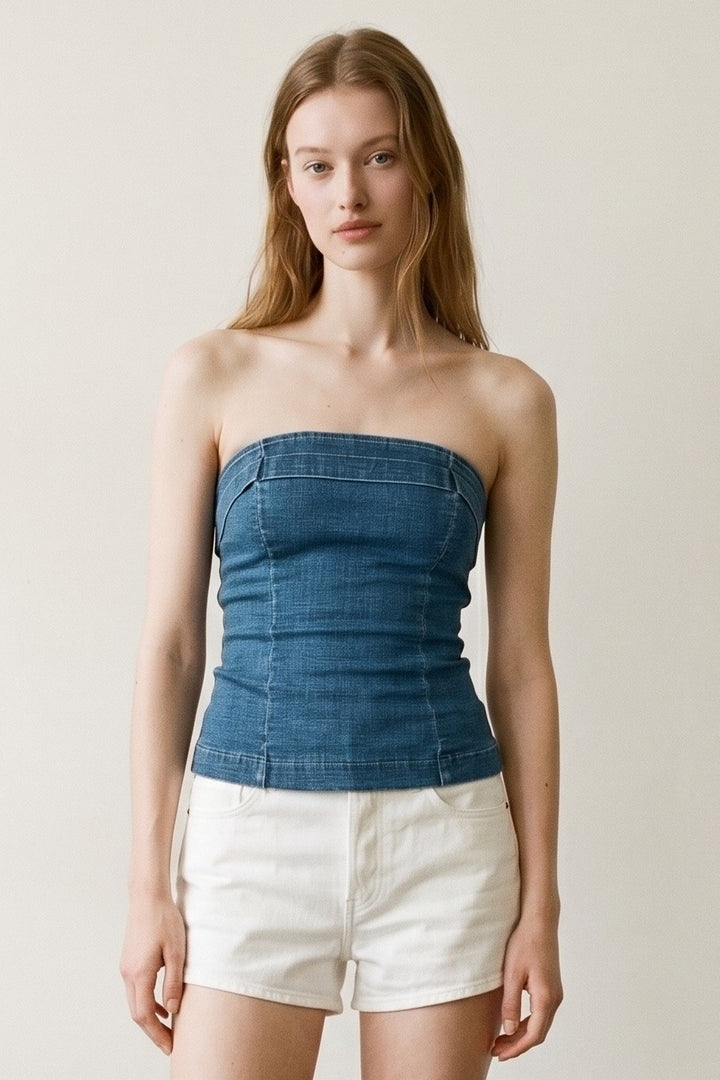Strapless Lace-up Back Denim Top