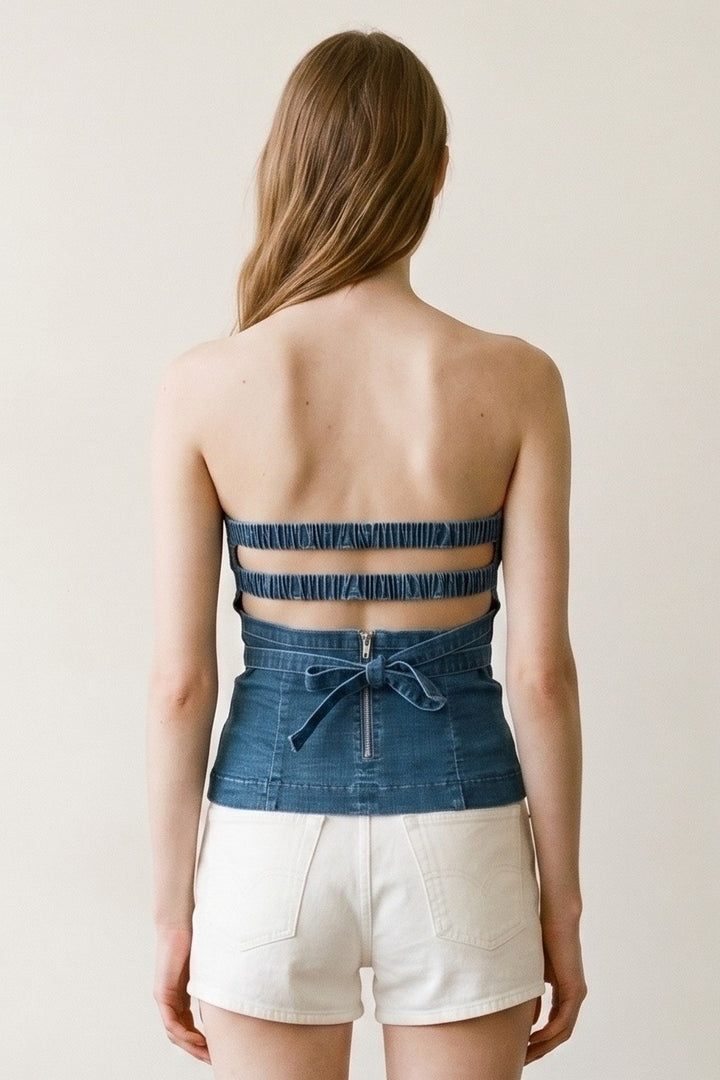 Strapless Lace-up Back Denim Top
