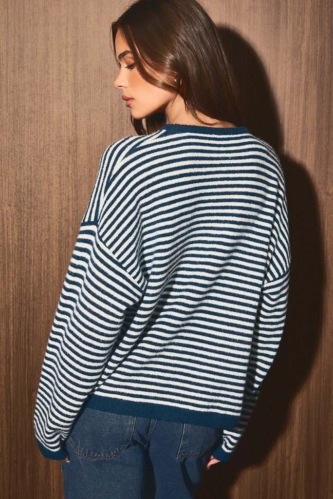 Striped Crew Neck Button Knit Cardigan