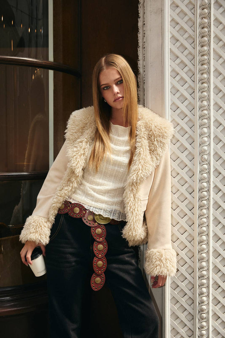 FAUX FUR TRIMMED SUEDE JACKET