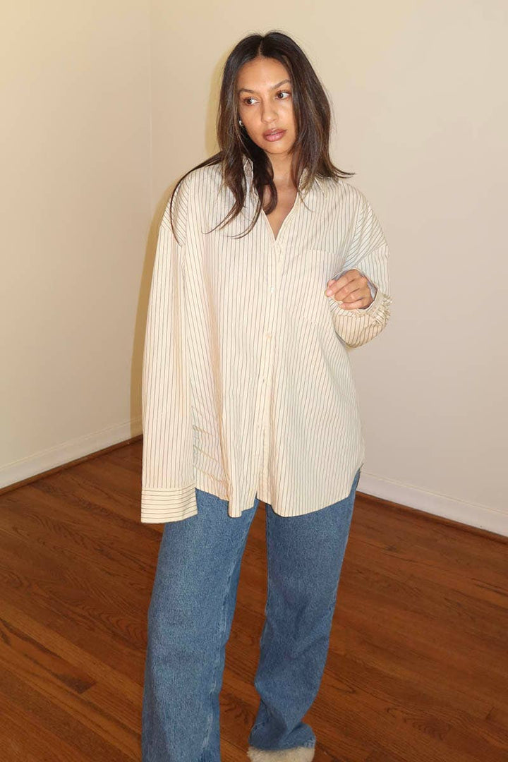 OVERSIZED PIN STRIPE BUTTON UP SHIRT