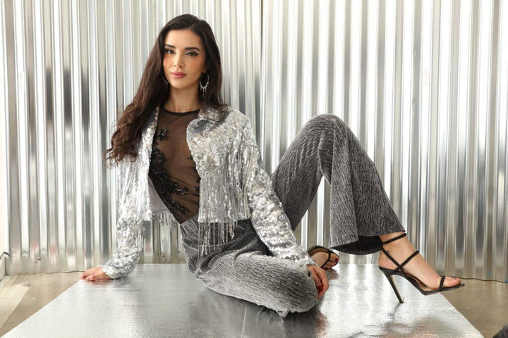 Sequin jacket with fringes silver