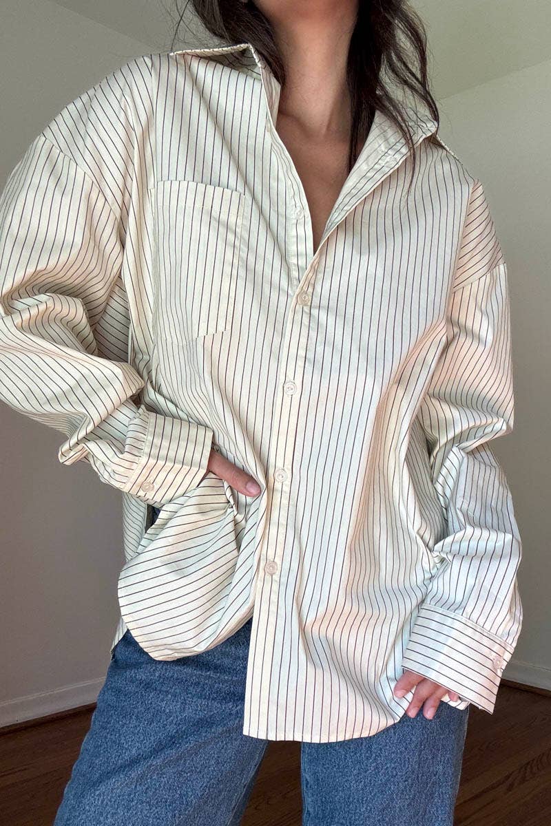 OVERSIZED PIN STRIPE BUTTON UP SHIRT