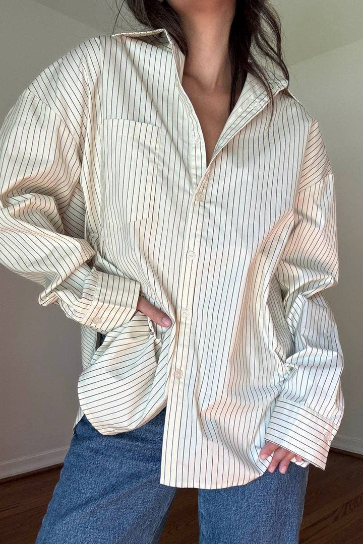 OVERSIZED PIN STRIPE BUTTON UP SHIRT