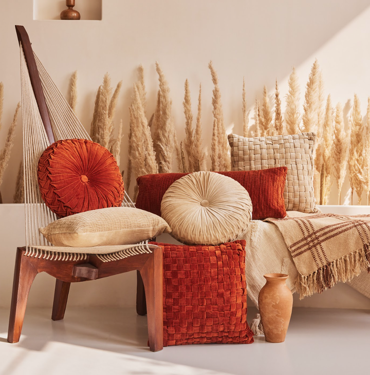 Checked Hand Woven Velvet Square Cushion