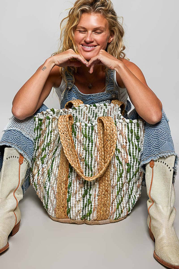 Botanical Green Stripe Woven Tote