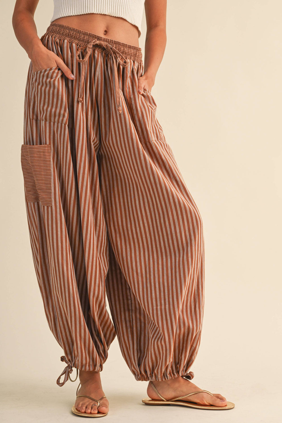 STRIPED DOUBLE GAUZE BALLOON PANTS