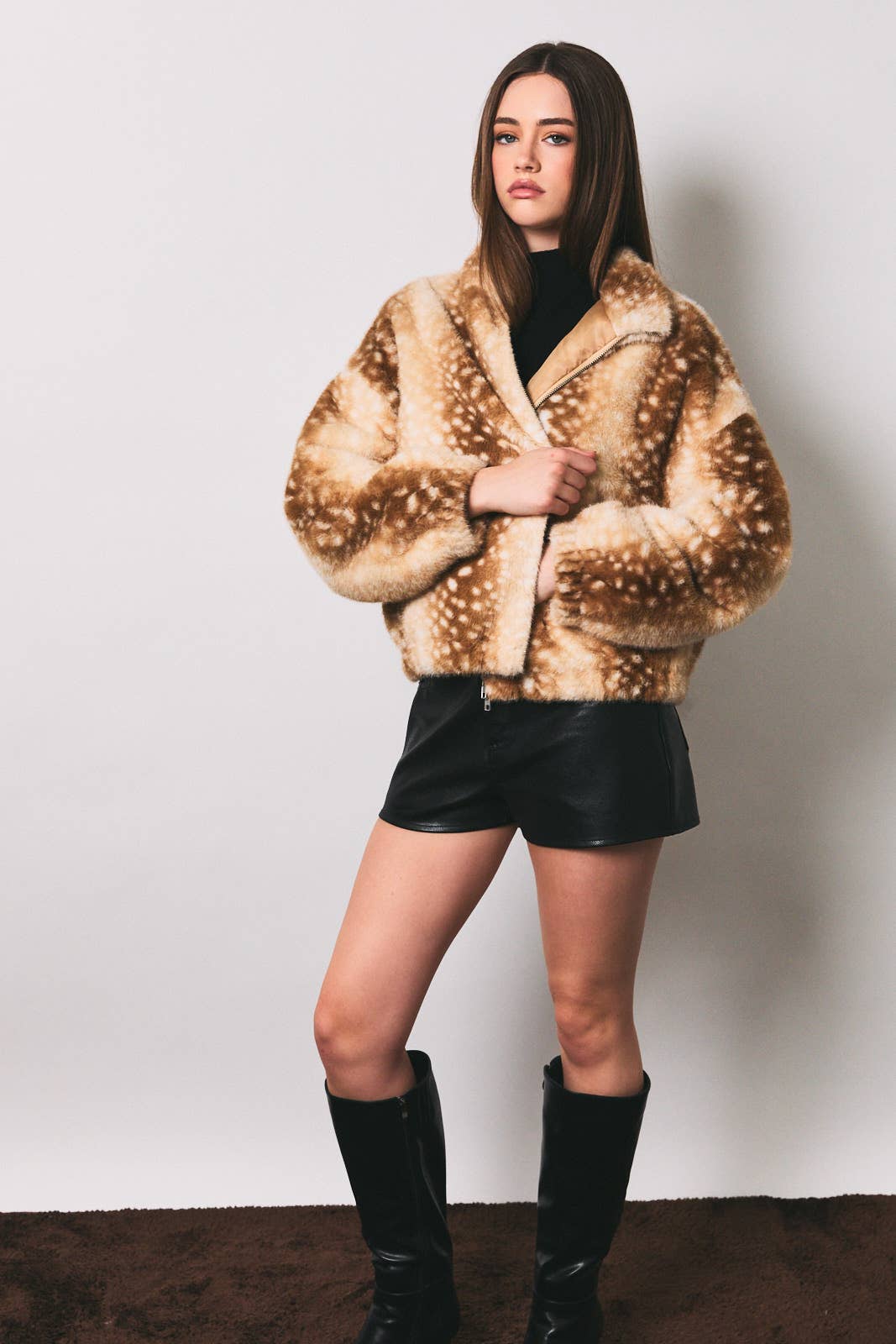 Faux Deer Print Zip Jacket