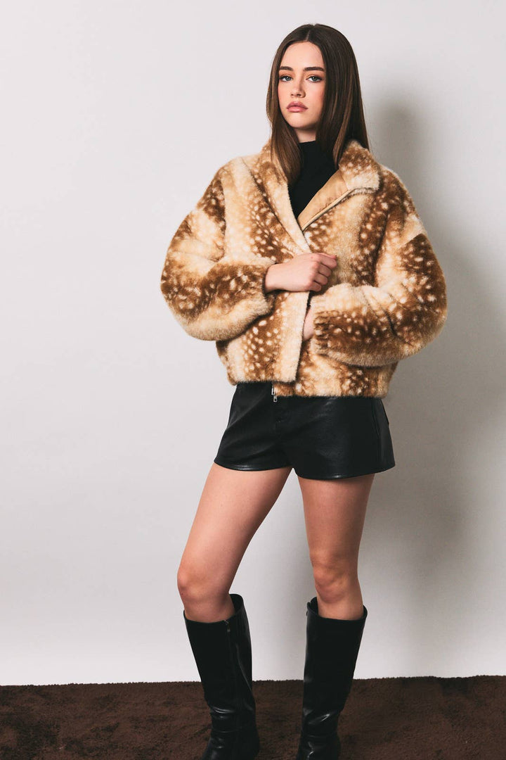 Faux Deer Print Zip Jacket