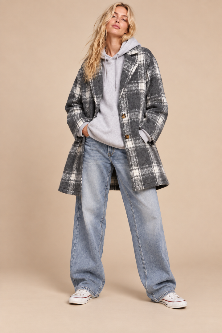 Plaid Notch-Lapel Coat