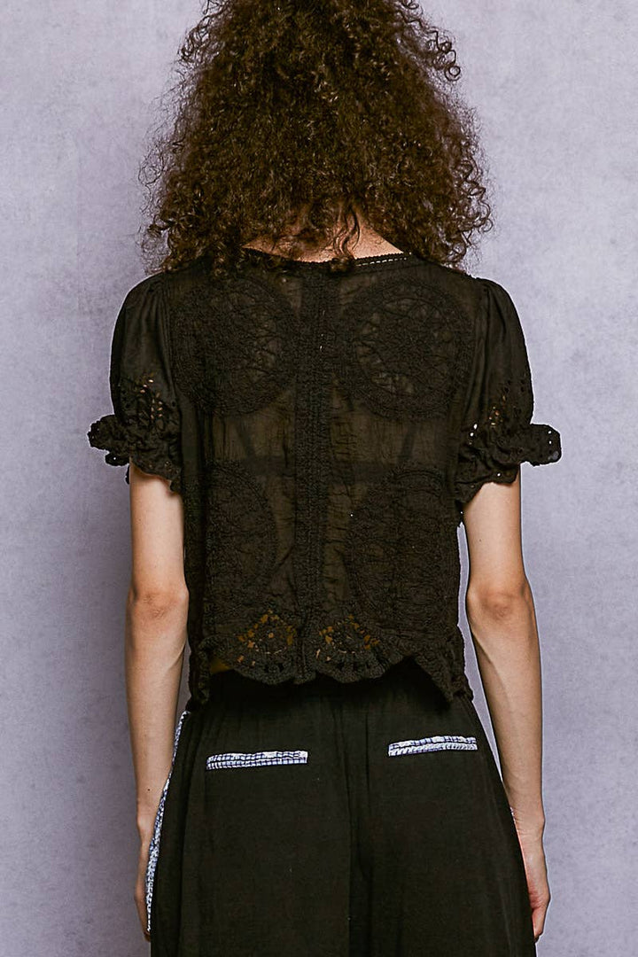 Round Neck Button Closure Crochet Top