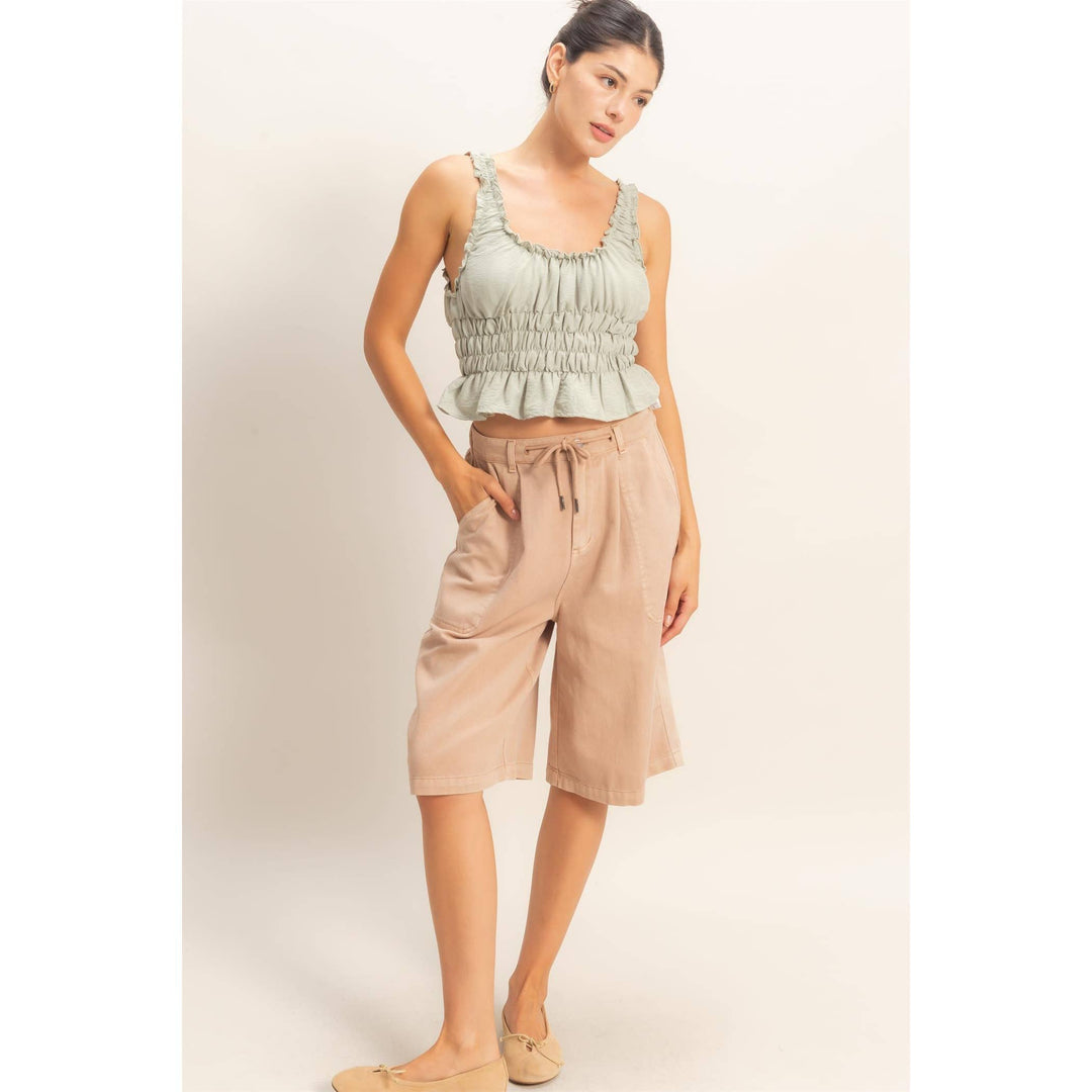 Drawstring Waist Wide Leg Jorts