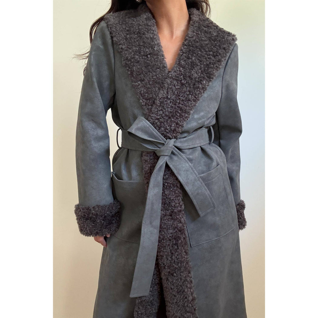 Faux Fur Trimmed Leather Coat