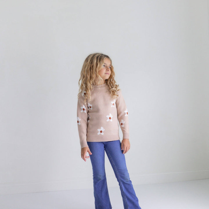 Beige Flower Crew Neck  Sweater