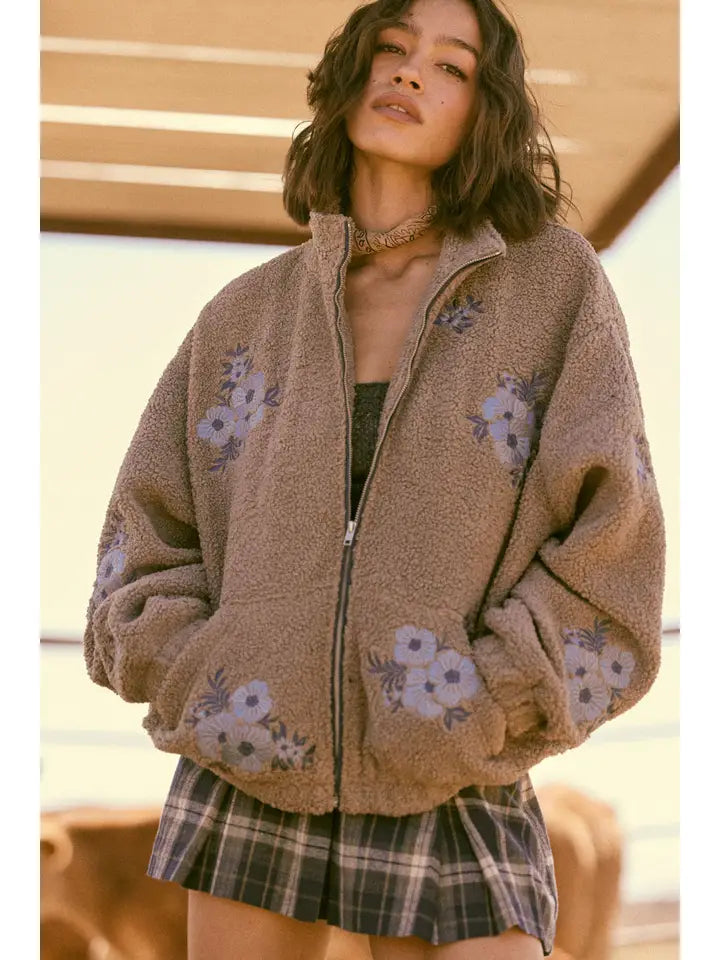 Floral-Embroidered Sherpa Zip-Up Jacket