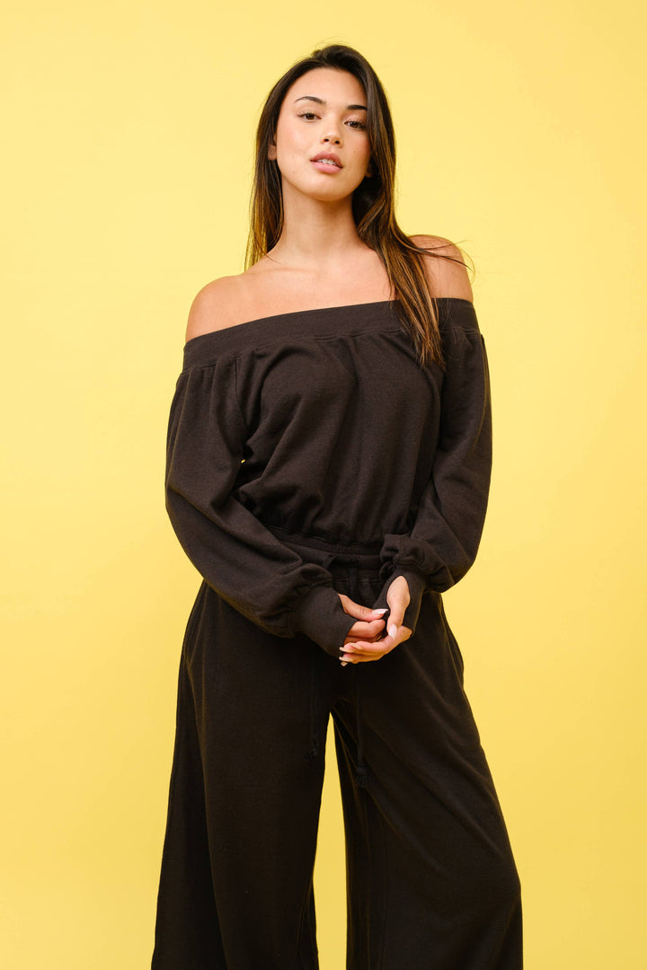 FRENCH TERRY OFF SHOULDER JUMPSUIT