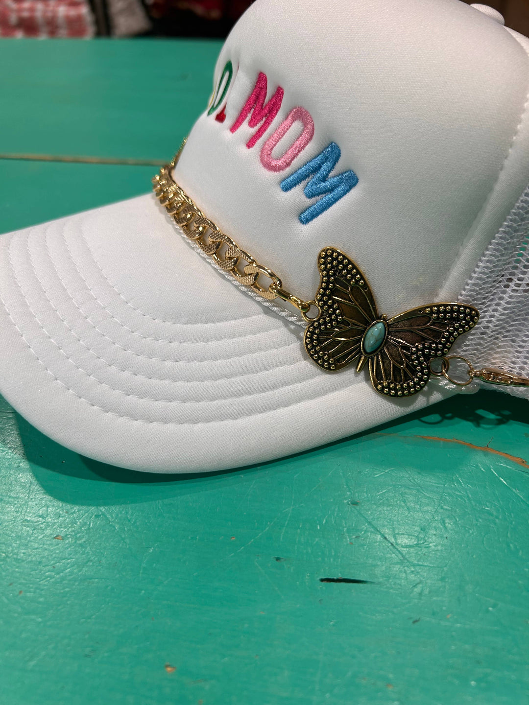 Turquoise &amp; Gold Butterfly Trucker Hat Chain