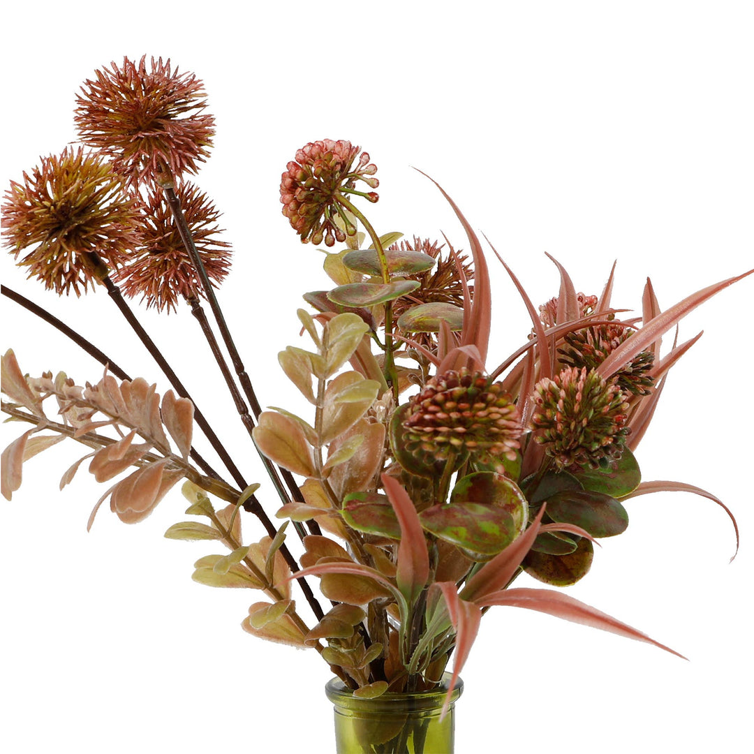 Faux Floral Arrangement in Green Glass Bottle
