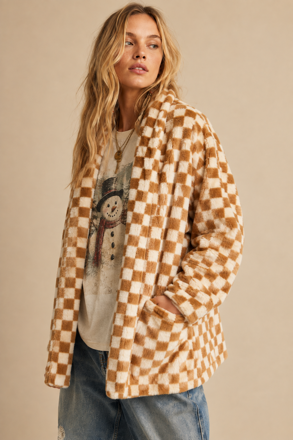 Checkmate Faux Fur Cardigan Jacket