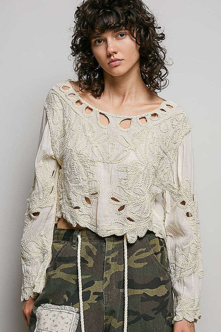 Cropped Long Sleeve Solid Crochet Top