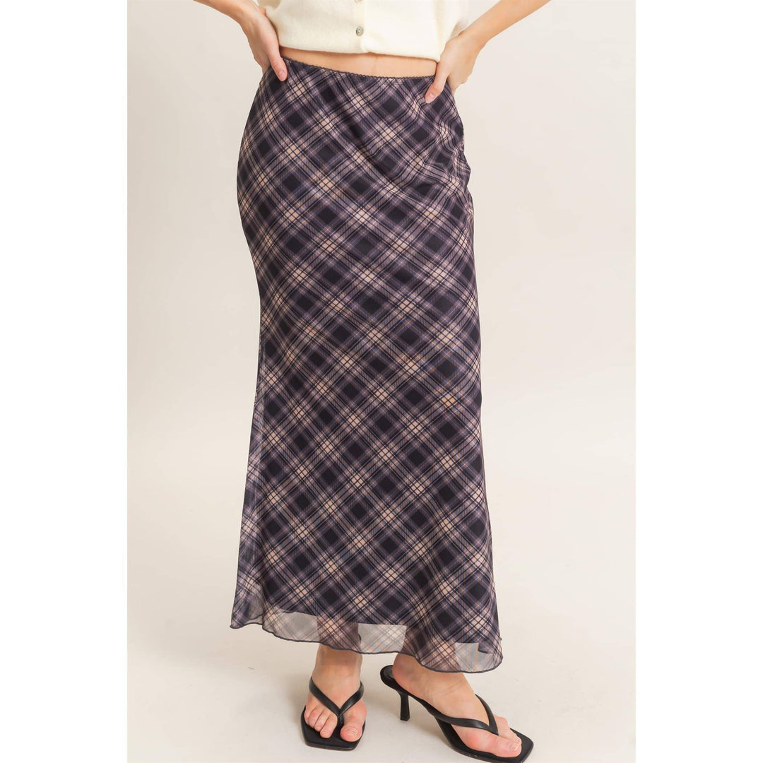 Plaid Mesh Maxi Skirt