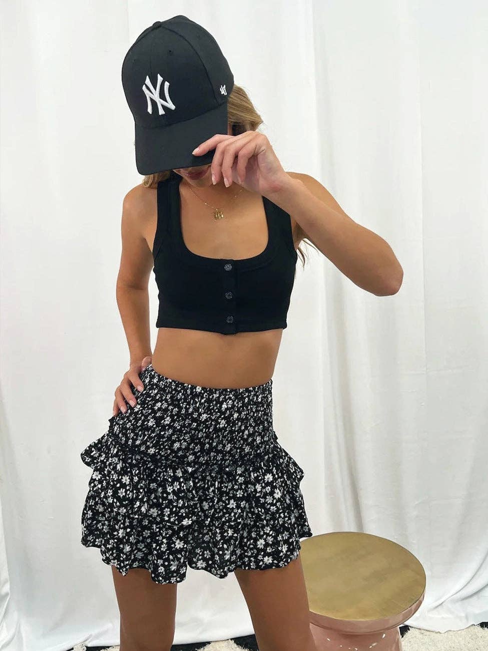 Flower Ruffled Short Pleated Skirt