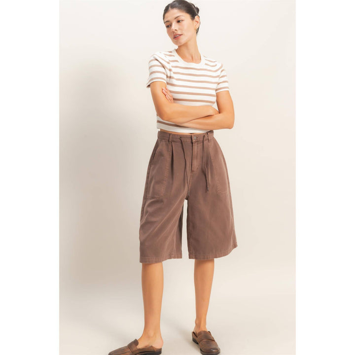 Drawstring Waist Wide Leg Jorts